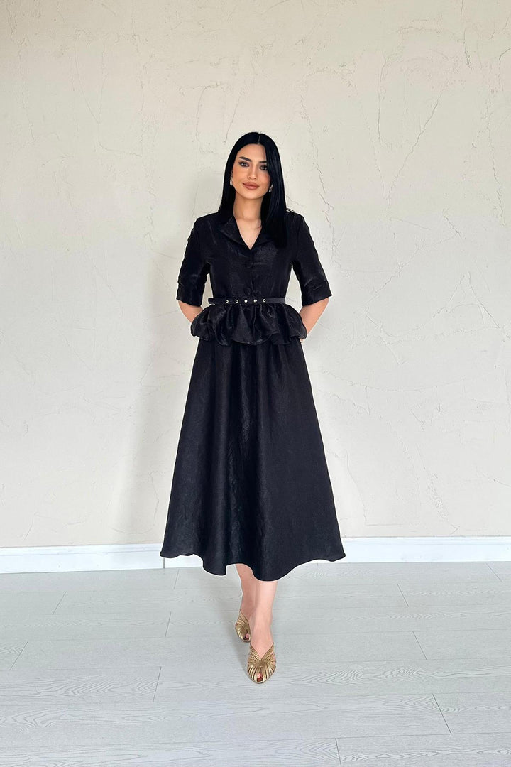 ELS Wholesale Black Thin Belted Ruffled Jacket and Ruched Skirt Set - La Mirada