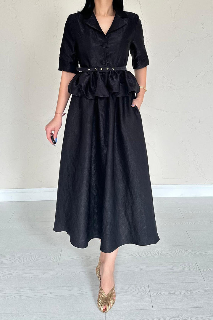 ELS Wholesale Black Thin Belted Ruffled Jacket and Ruched Skirt Set - La Mirada