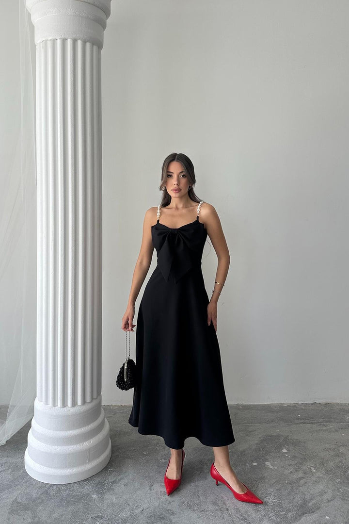 ELS Wholesale Black Pearl Strap Detailed Dress - Lincoln