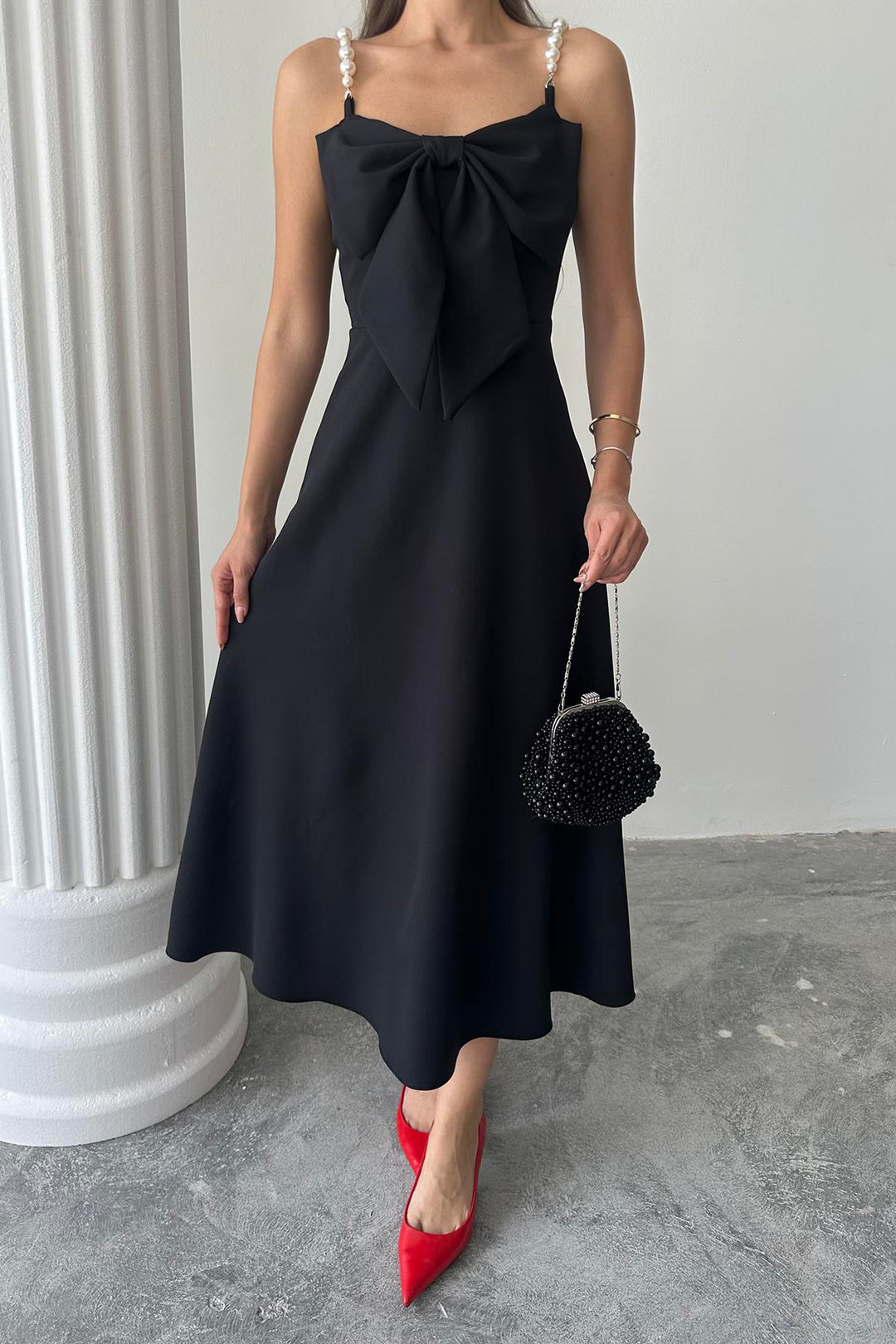 ELS Wholesale Black Pearl Strap Detailed Dress - Lincoln