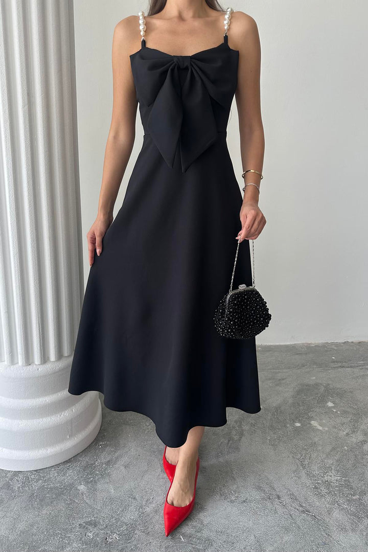ELS Wholesale Black Pearl Strap Detailed Dress - Lincoln