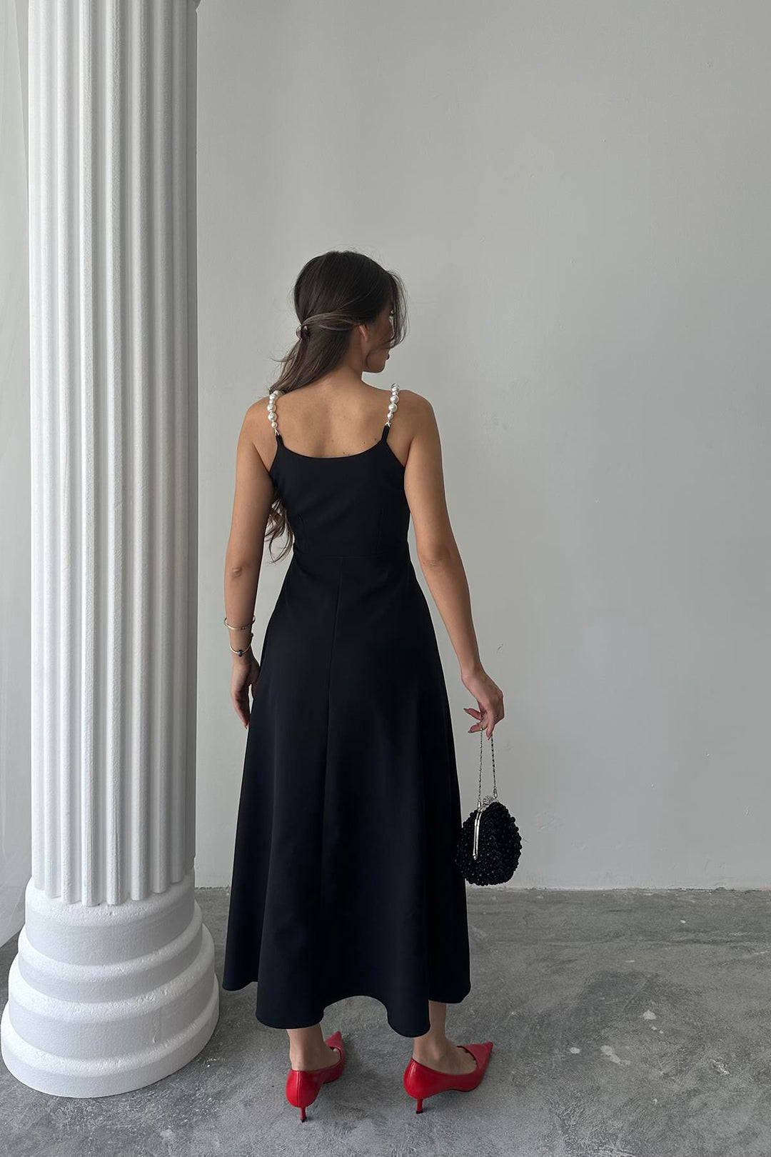 ELS Wholesale Black Pearl Strap Detailed Dress - Lincoln