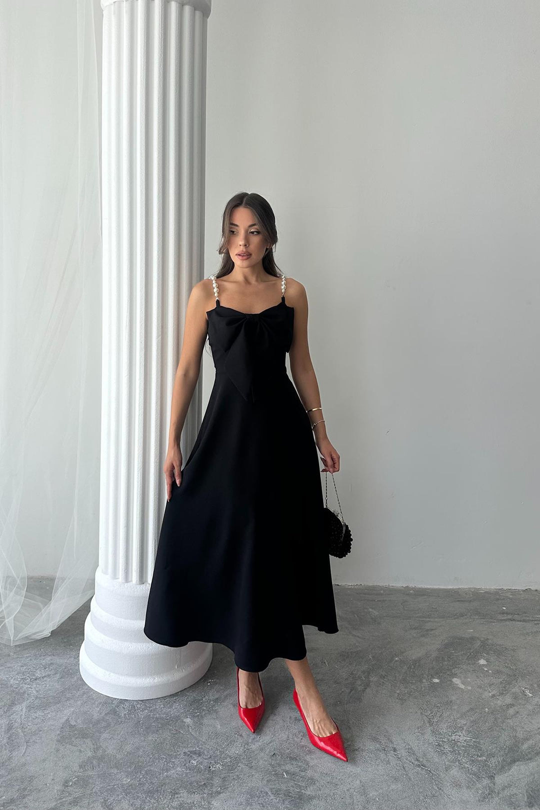 ELS Wholesale Black Pearl Strap Detailed Dress - Lincoln