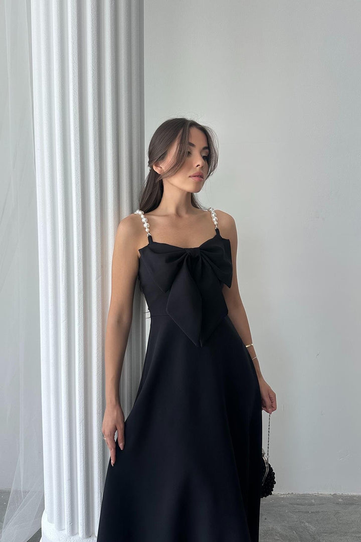 ELS Wholesale Black Pearl Strap Detailed Dress - Lincoln