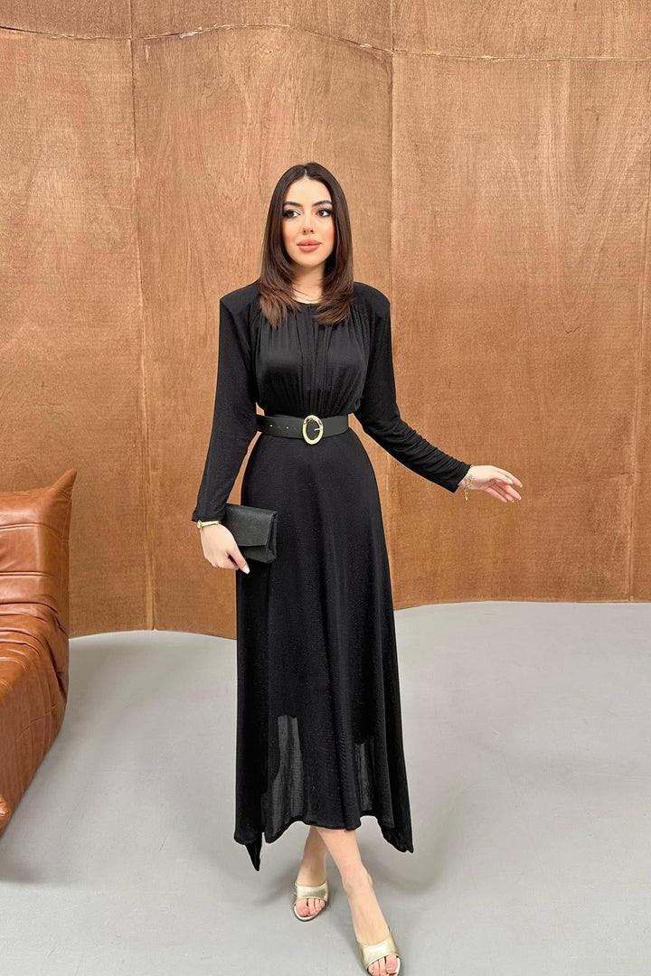 ELS Wholesale Black Sparkly Leather Belt Detailed Dress - San Benedetto del Tronto