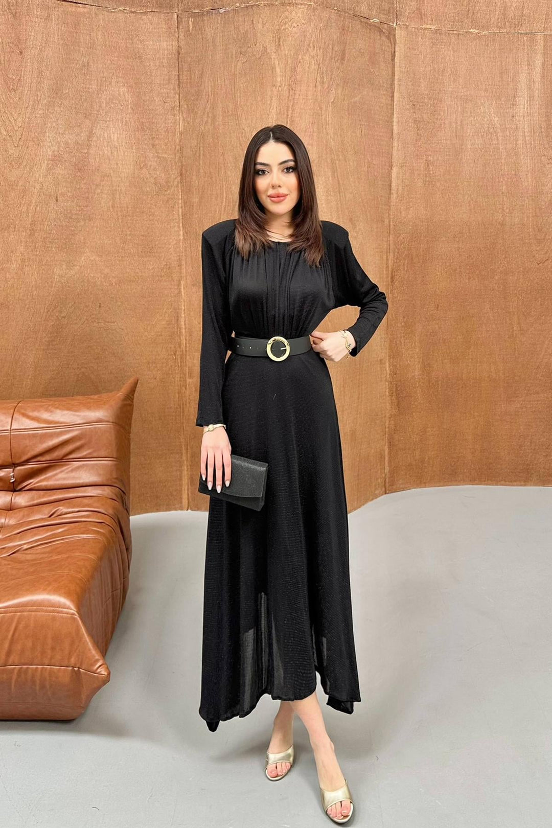 ELS Wholesale Black Sparkly Leather Belt Detailed Dress - San Benedetto del Tronto
