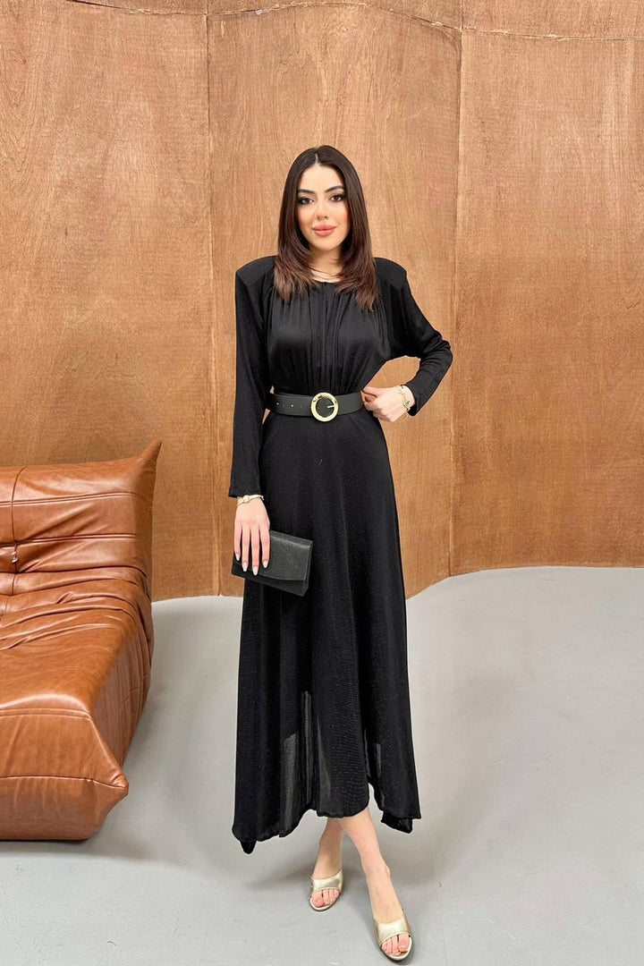 ELS Wholesale Black Sparkly Leather Belt Detailed Dress - San Benedetto del Tronto
