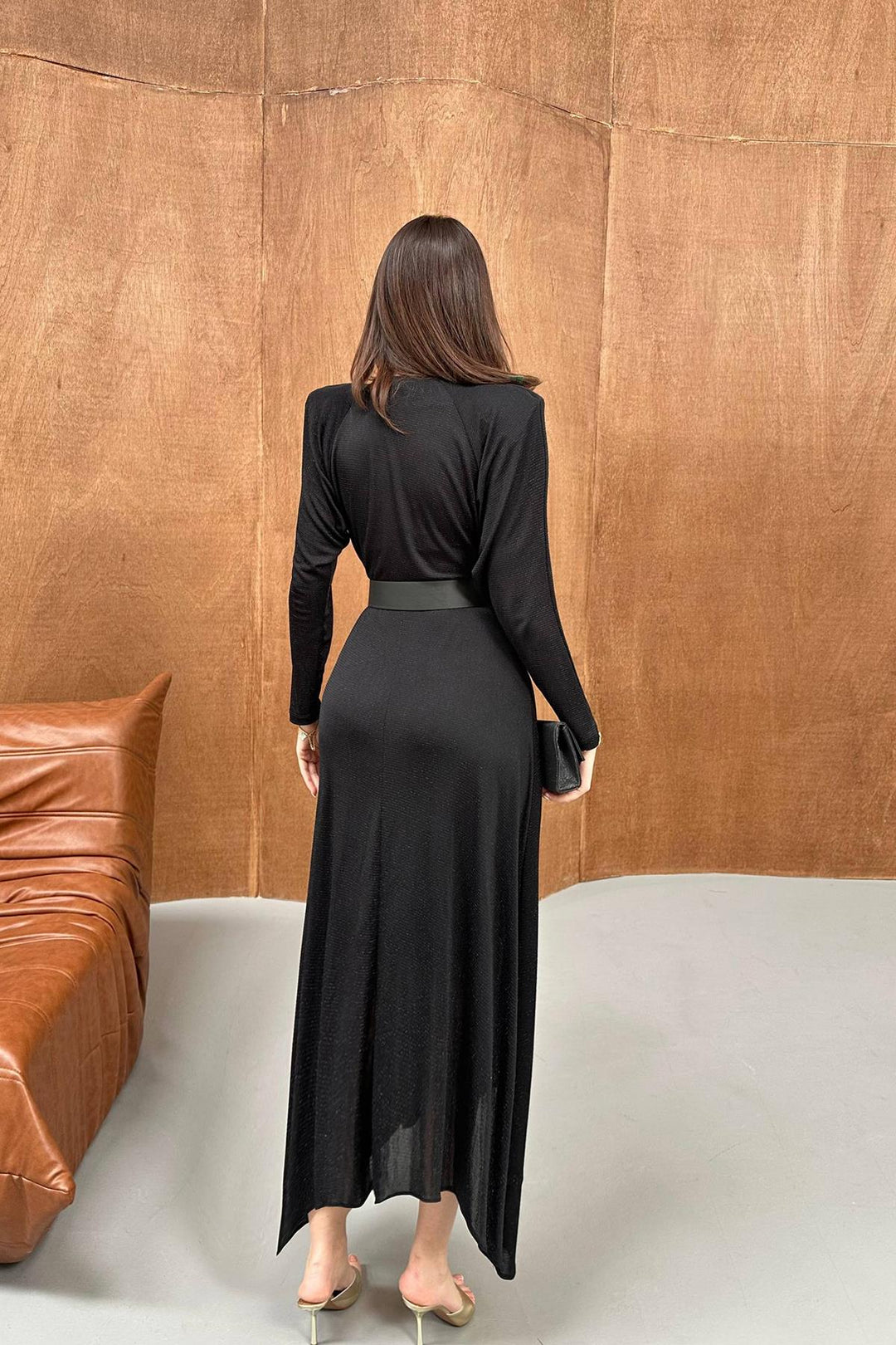 ELS Wholesale Black Sparkly Leather Belt Detailed Dress - San Benedetto del Tronto
