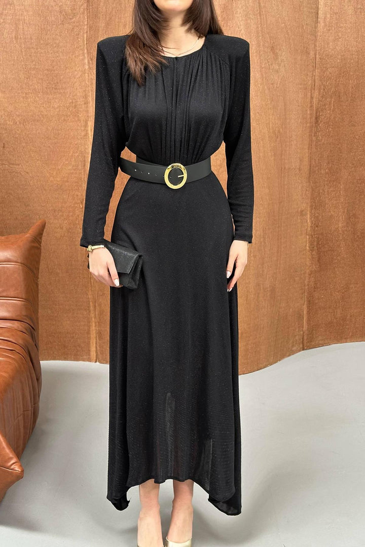 ELS Wholesale Black Sparkly Leather Belt Detailed Dress - San Benedetto del Tronto