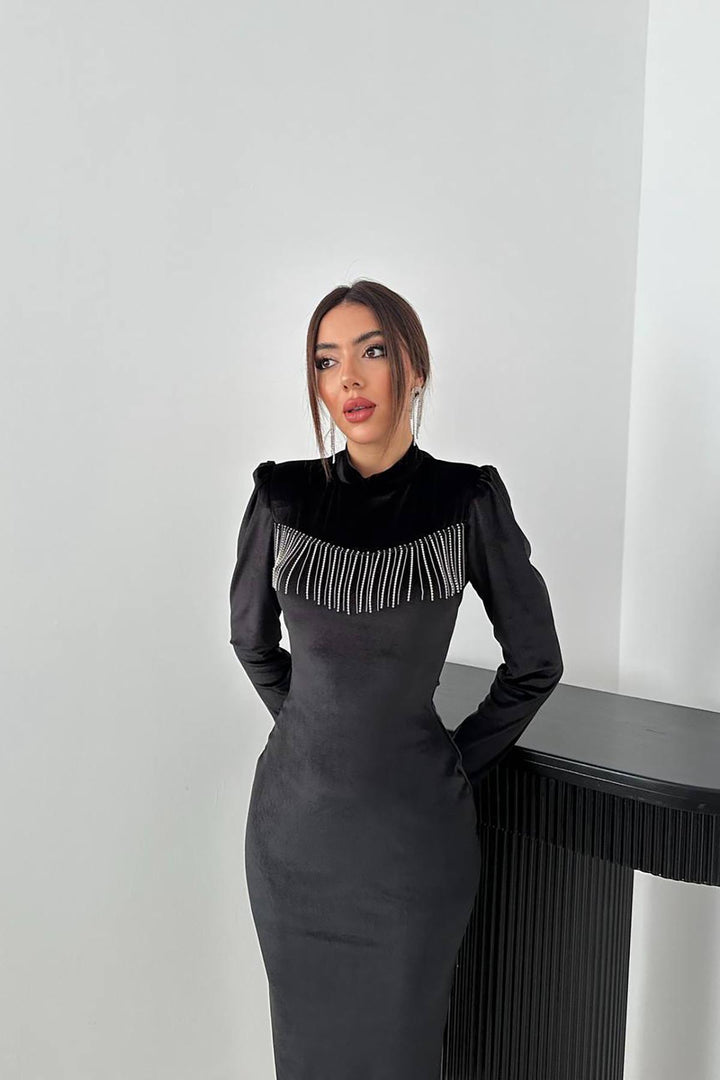 ELS Toptan Siyah Kadife Işıltılı Elbise - Bornheim