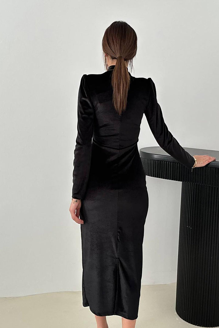 ELS Toptan Siyah Kadife Işıltılı Elbise - Bornheim