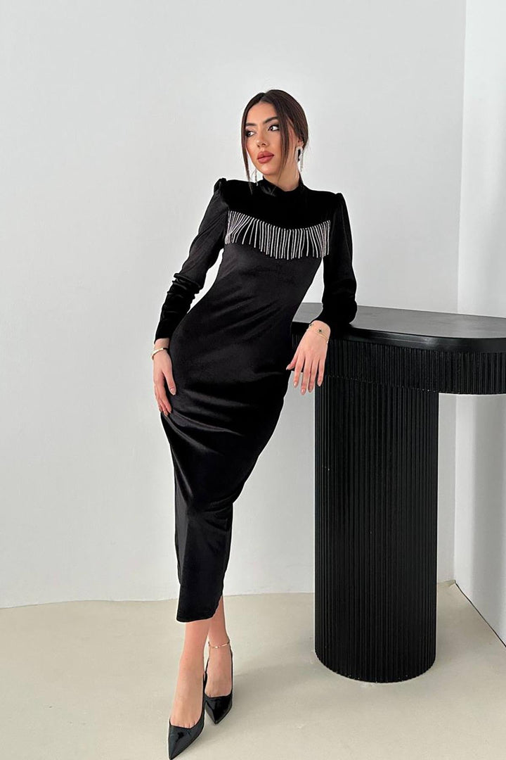 ELS Toptan Siyah Kadife Işıltılı Elbise - Bornheim