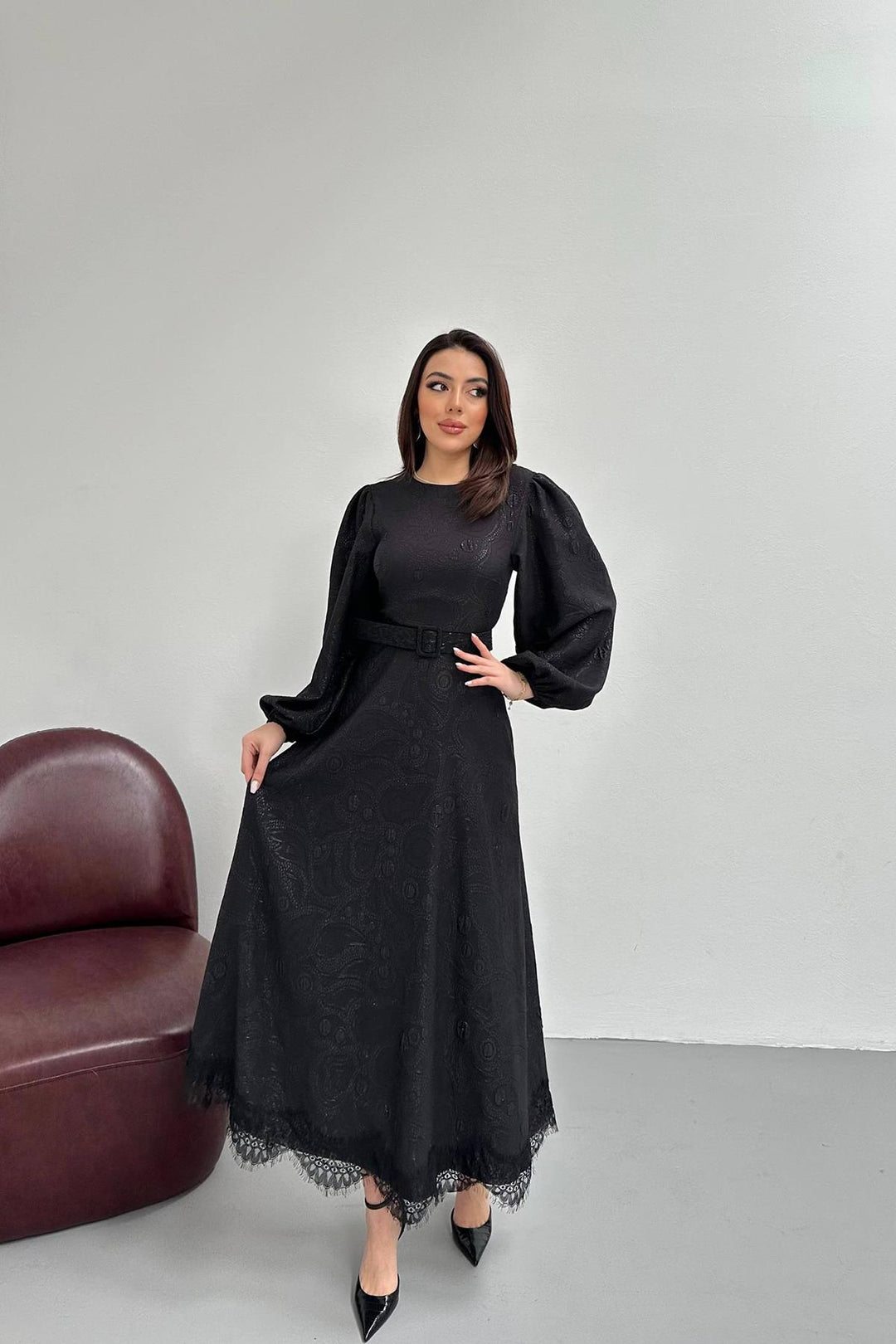 ELS Wholesale Black Square Embossed Glitter Long Dress - Mijas