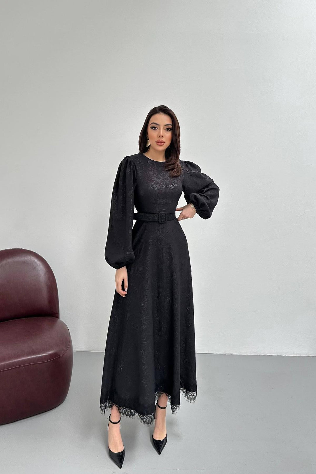 ELS Wholesale Black Square Embossed Glitter Long Dress - Mijas
