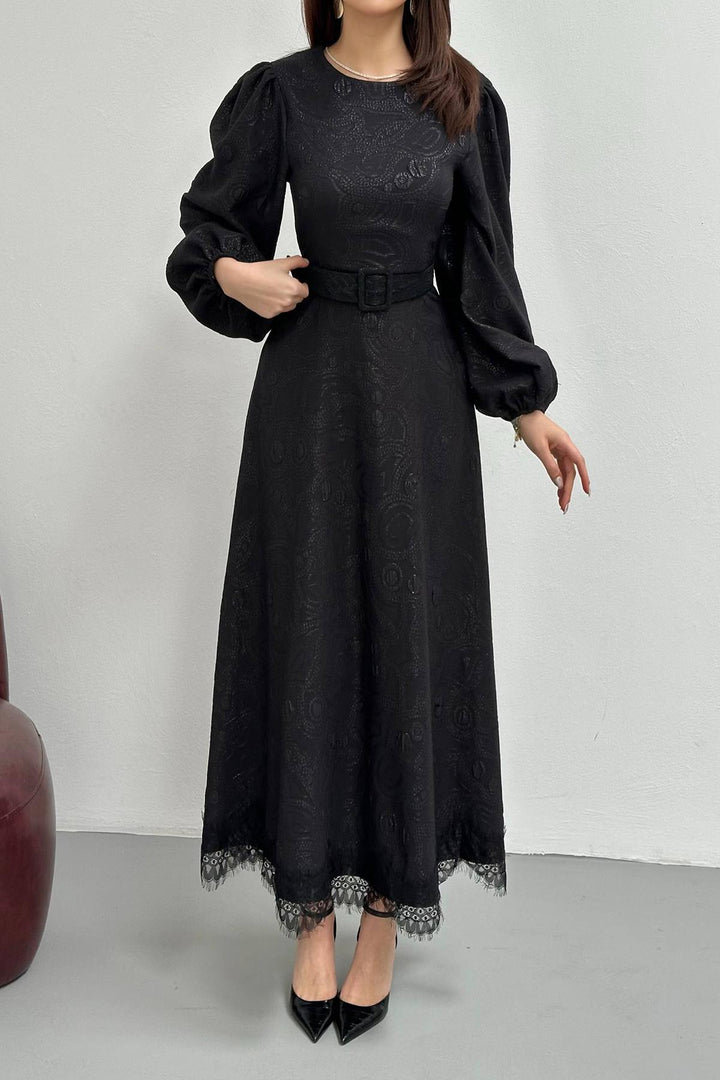ELS Wholesale Black Square Embossed Glitter Long Dress - Mijas