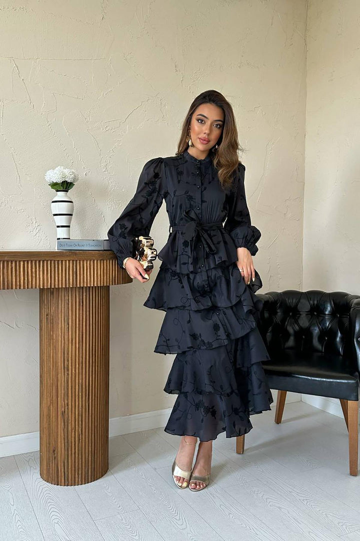 ELS Wholesale Black Layered Belted Dress - Wheaton