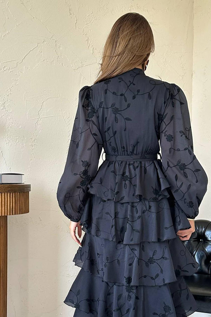 ELS Wholesale Black Layered Belted Dress - Wheaton