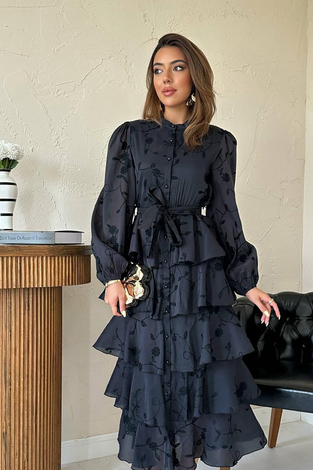 ELS Wholesale Black Layered Belted Dress - Wheaton