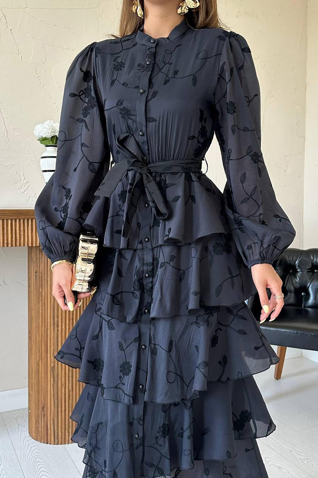 ELS Wholesale Black Layered Belted Dress - Wheaton