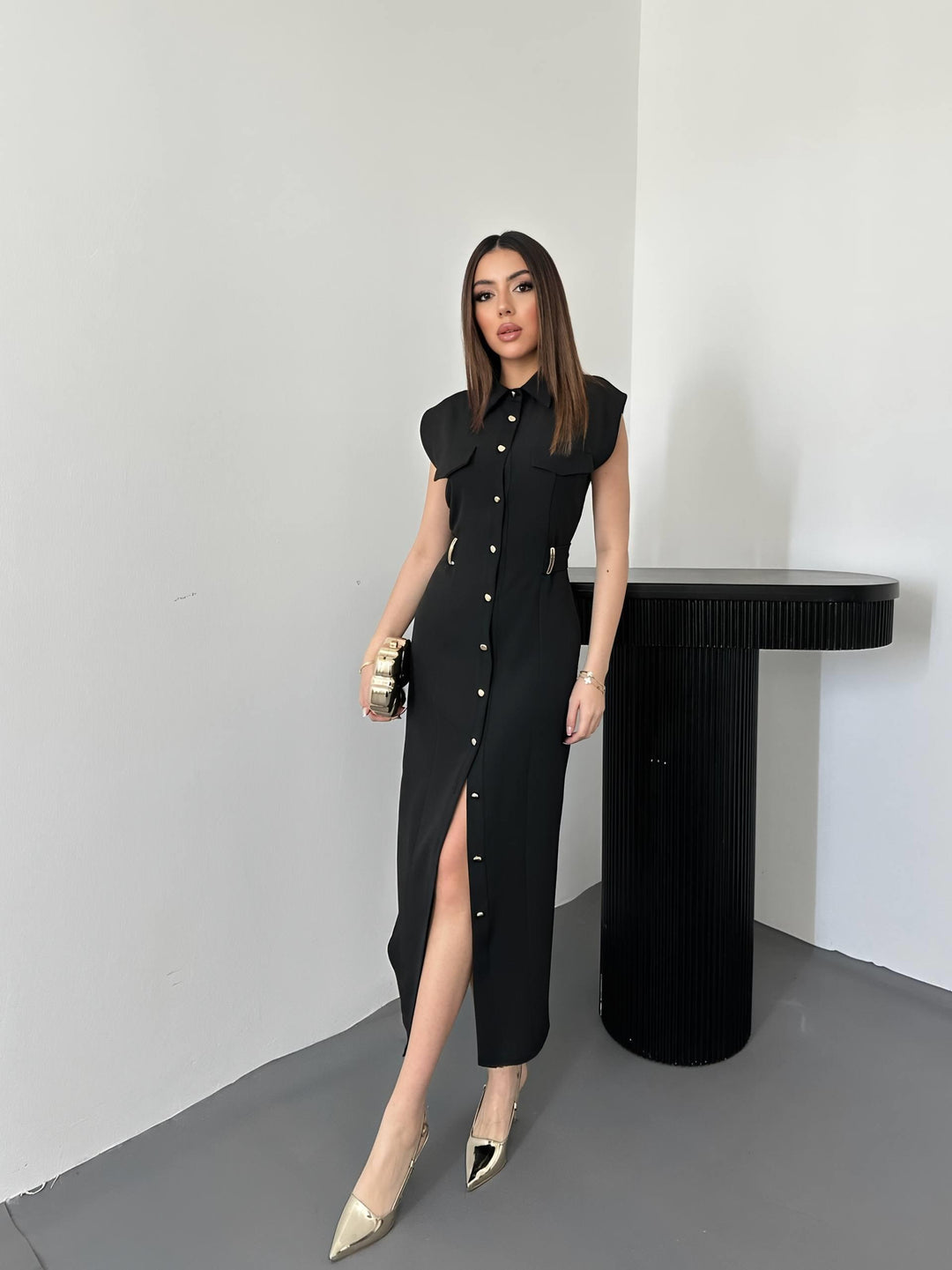 ELS Wholesale Black Belted Satin Dress with Accessories - Beckum