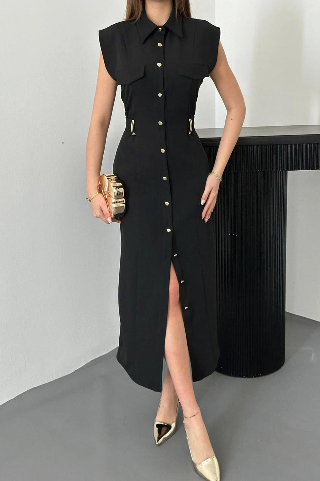 ELS Wholesale Black Belted Satin Dress with Accessories - Beckum