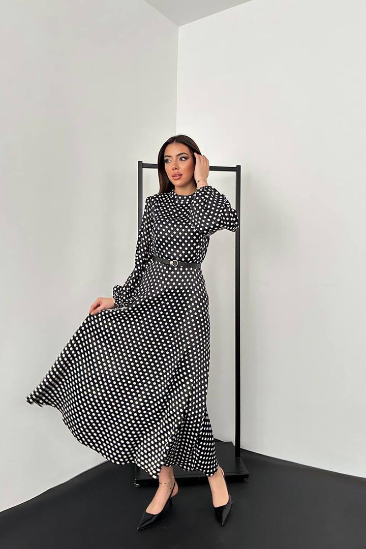 ELS Toptan Siyah Kemer Detaylı Puantiyeli Elbise - Orland Park
