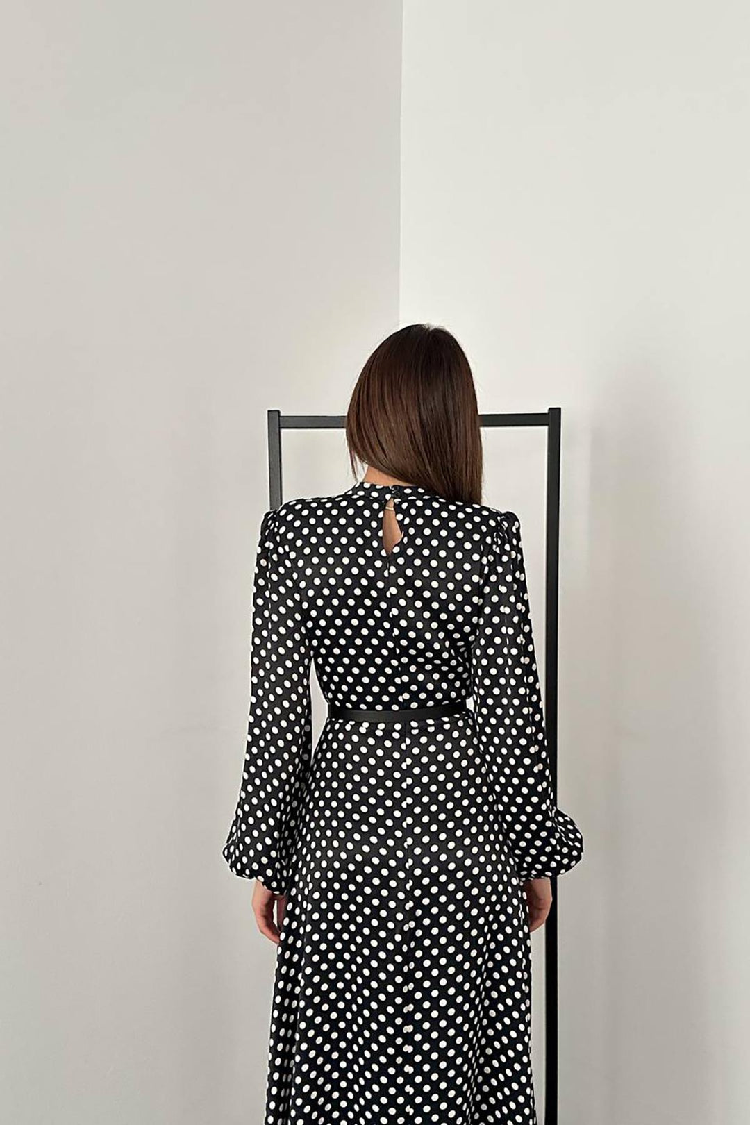 ELS Toptan Siyah Kemer Detaylı Puantiyeli Elbise - Orland Park