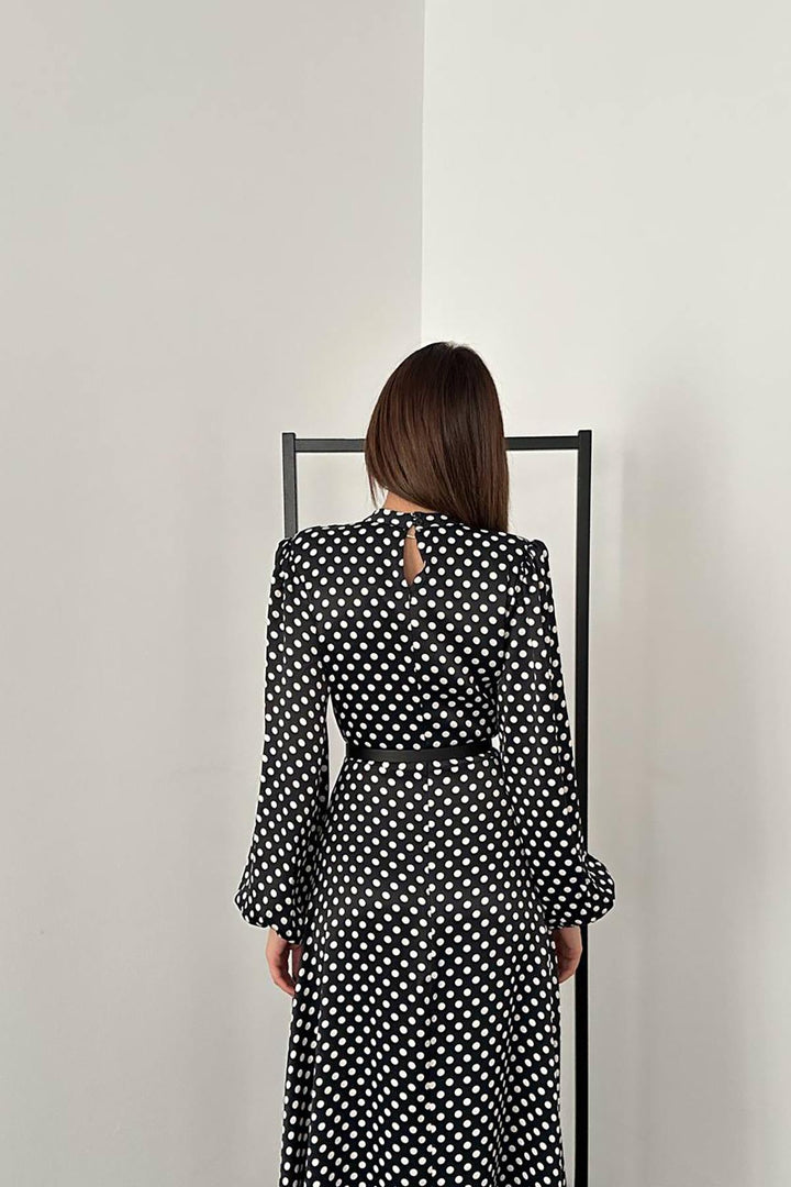 ELS Toptan Siyah Kemer Detaylı Puantiyeli Elbise - Orland Park