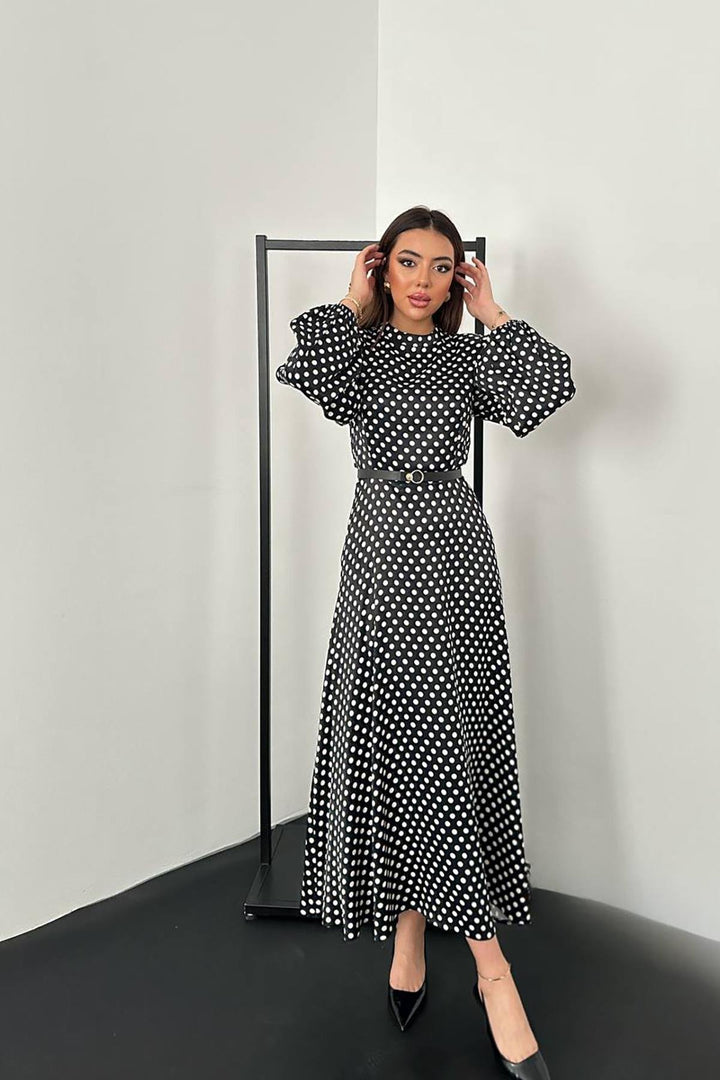 ELS Toptan Siyah Kemer Detaylı Puantiyeli Elbise - Orland Park