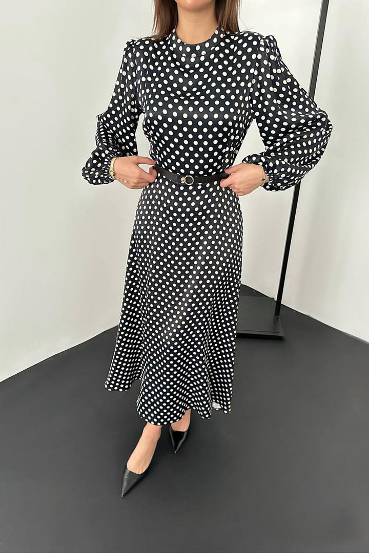 ELS Toptan Siyah Kemer Detaylı Puantiyeli Elbise - Orland Park