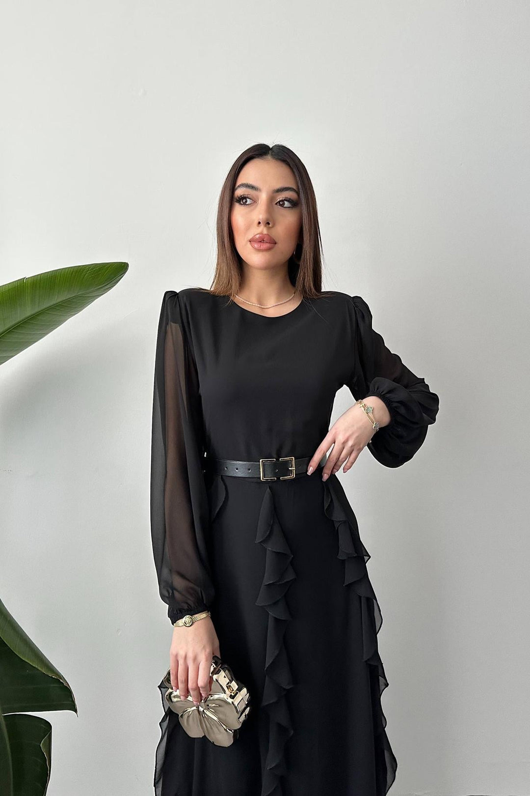 ELS Wholesale Black Belted Chiffon Dress - Fall River