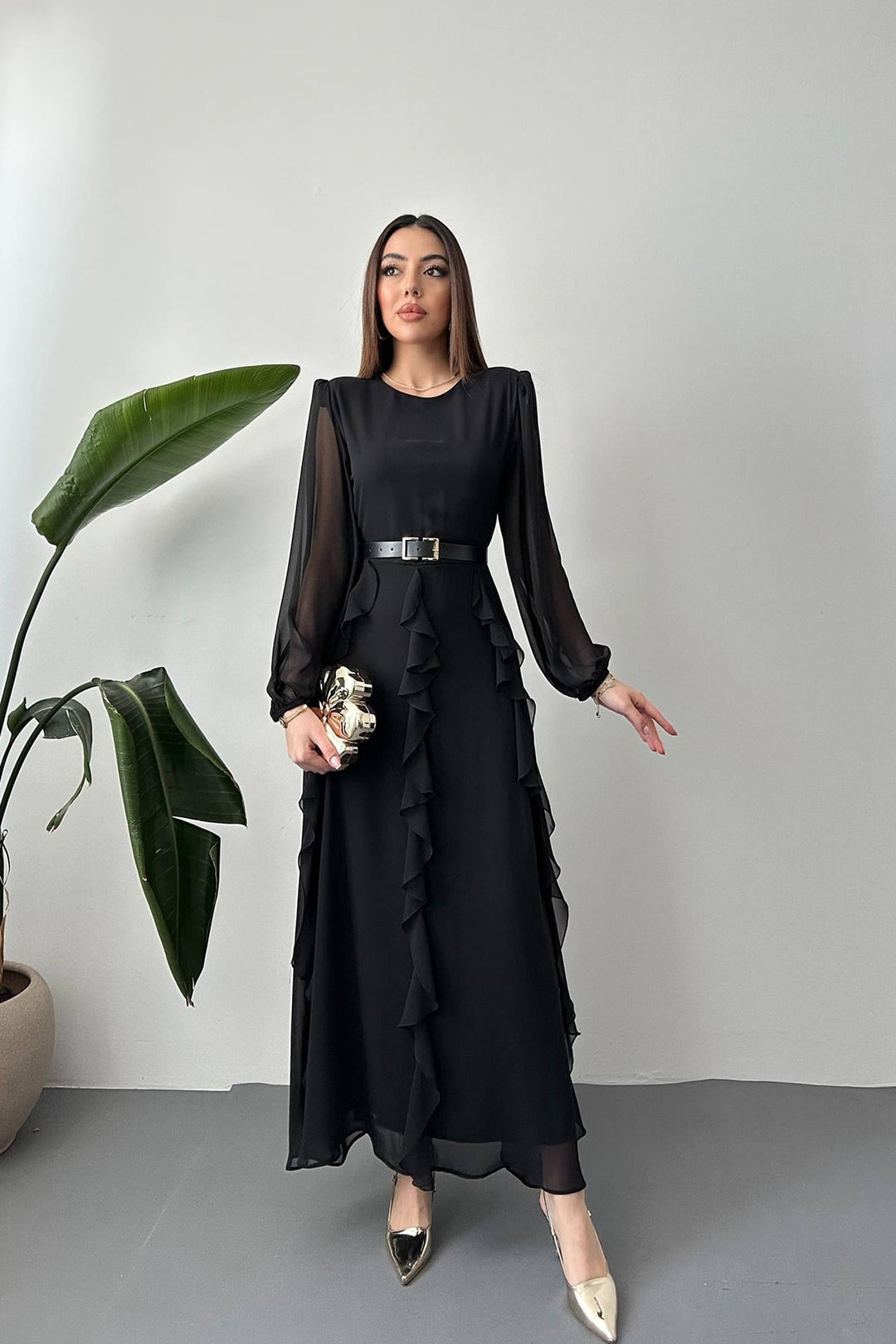 ELS Wholesale Black Belted Chiffon Dress - Fall River