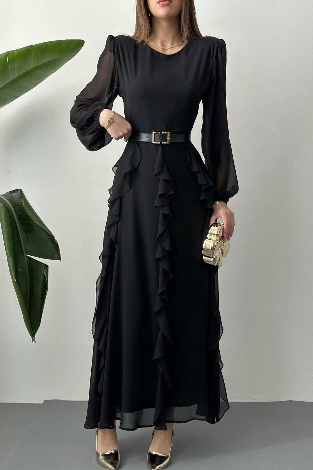 ELS Wholesale Black Belted Chiffon Dress - Fall River