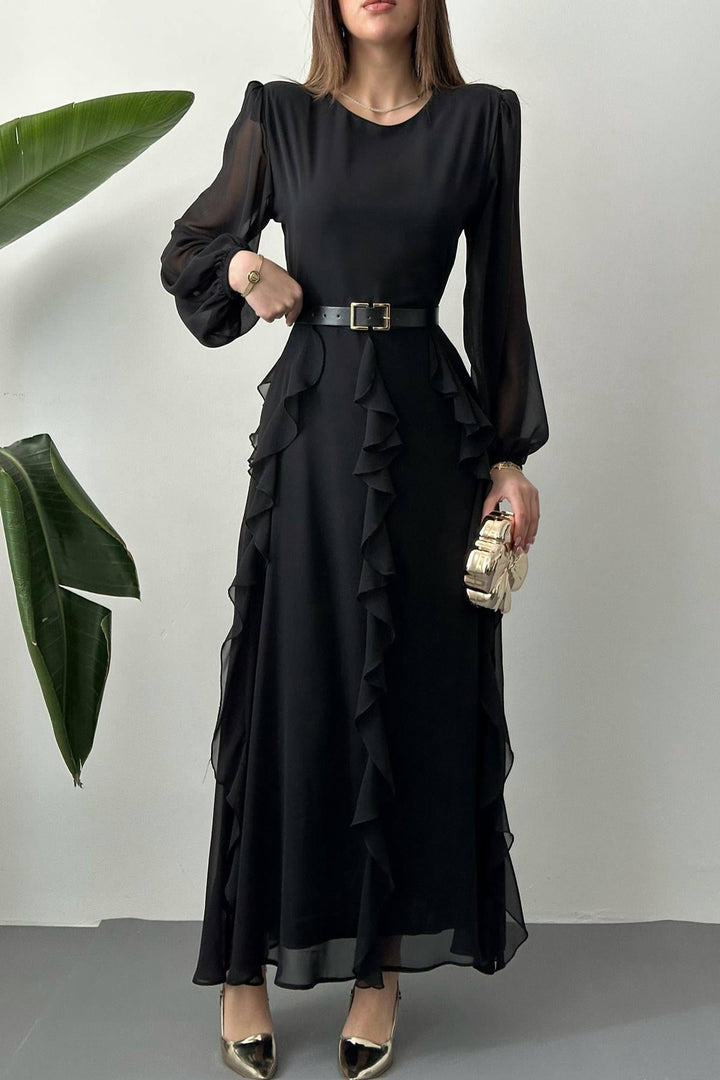 ELS Wholesale Black Belted Chiffon Dress - Fall River