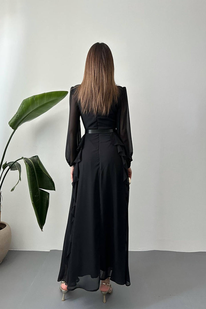 ELS Wholesale Black Belted Chiffon Dress - Fall River
