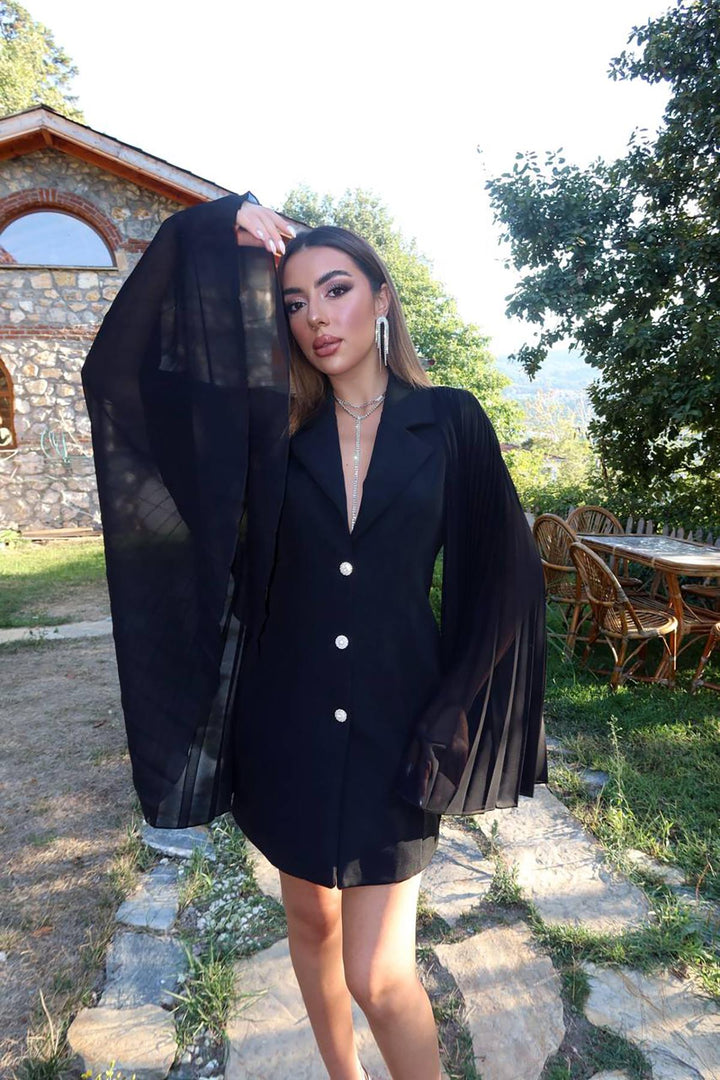 ELS Toptan Siyah Kolları Pilseli Atlas Ceket Elbise - Vaslui