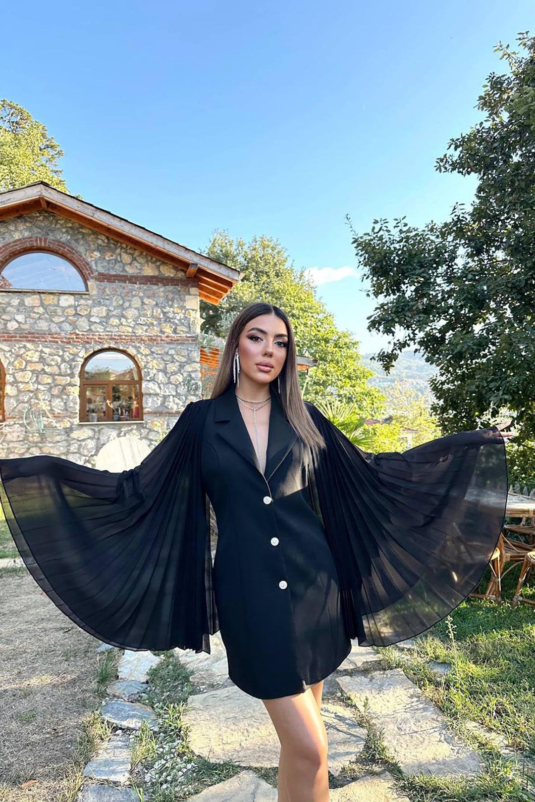 ELS Toptan Siyah Kolları Pilseli Atlas Ceket Elbise - Vaslui