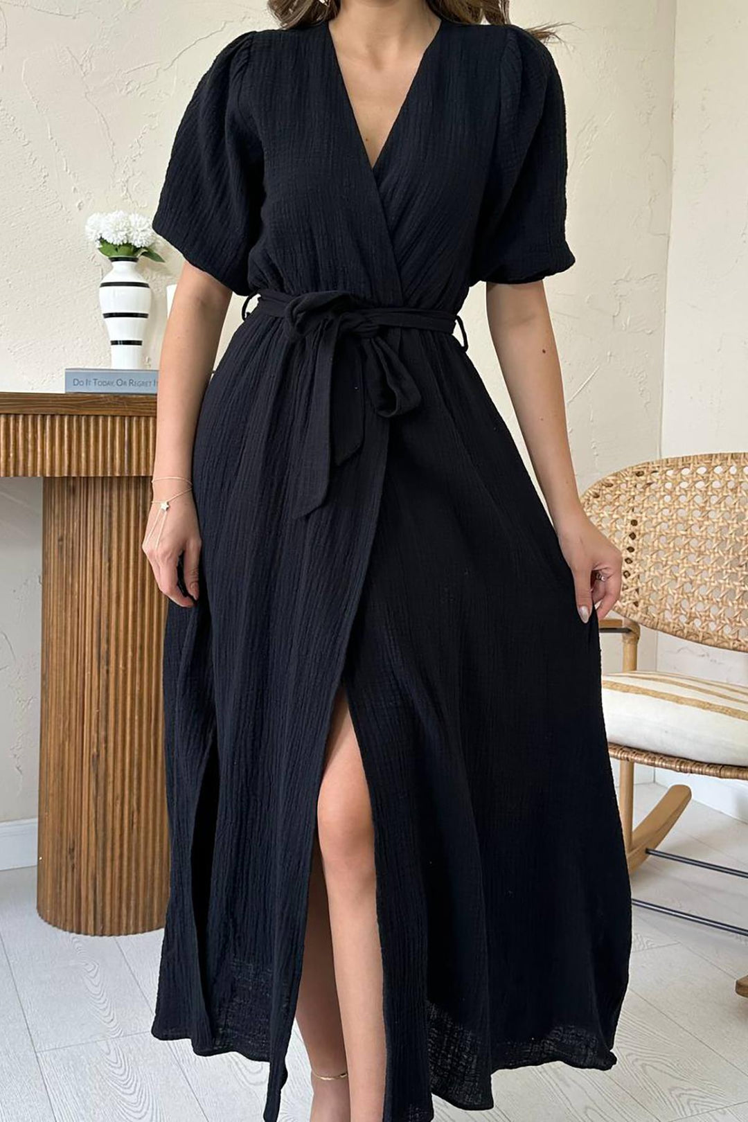 ELS Toptan Siyah Kruvaze Yaka Müslin Keten Elbise - Sankt Pölten