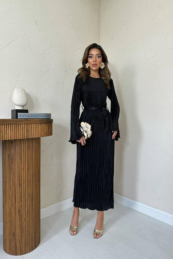 ELS Wholesale Black Belted Pleated Dress - Chiapa de Corzo