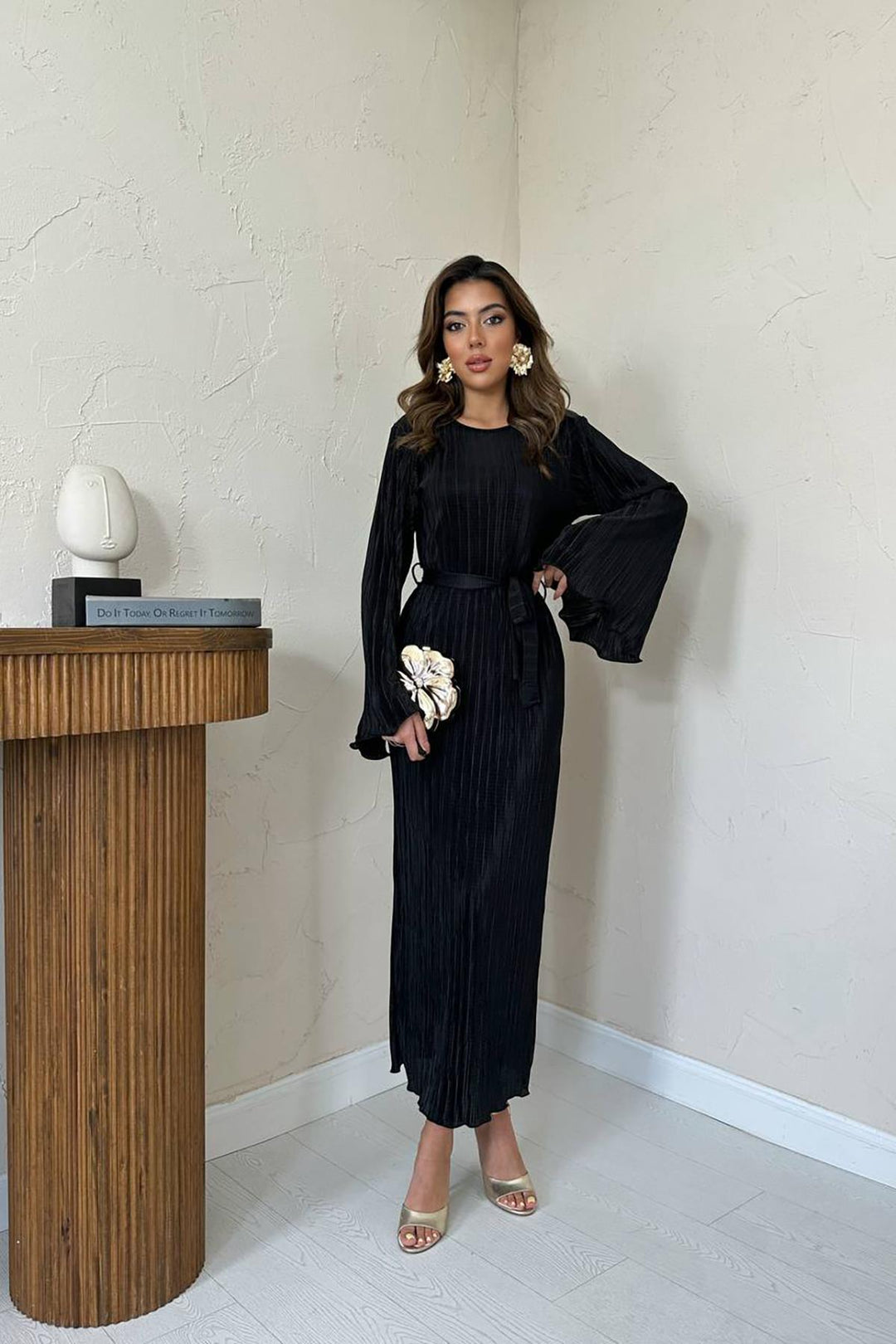 ELS Wholesale Black Belted Pleated Dress - Chiapa de Corzo