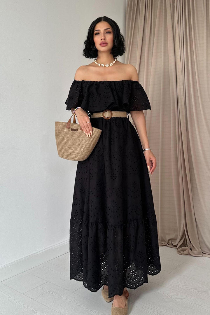 ELS Wholesale Black Off-Shoulder Elasticated Embroidered Dress - Ashton