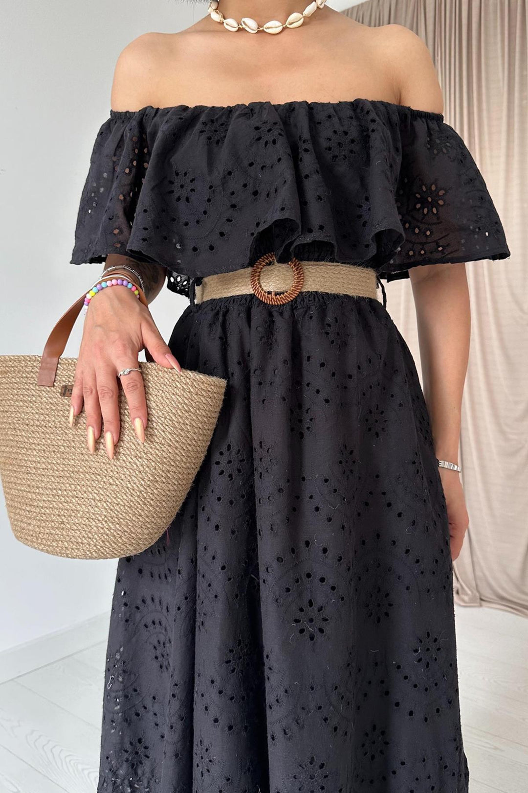 ELS Wholesale Black Off-Shoulder Elasticated Embroidered Dress - Ashton