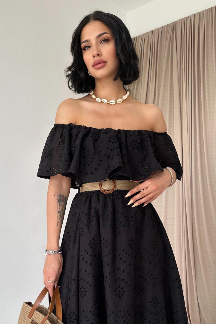 ELS Wholesale Black Off-Shoulder Elasticated Embroidered Dress - Ashton
