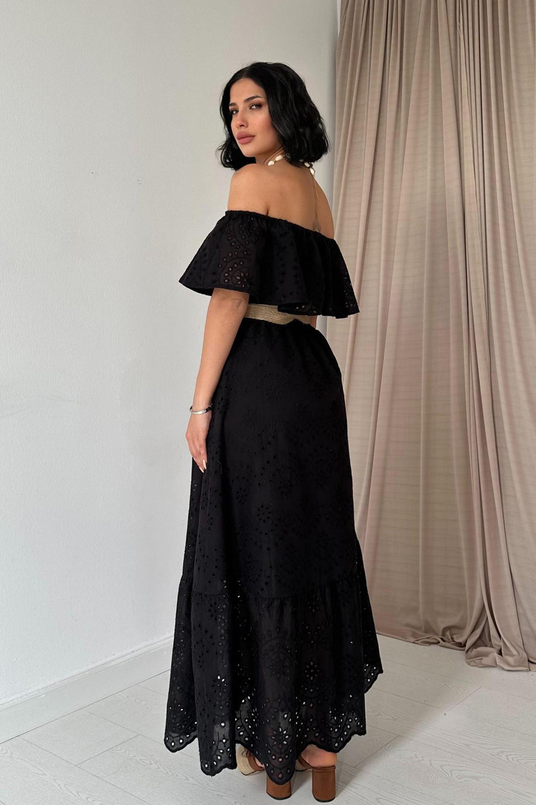 ELS Wholesale Black Off-Shoulder Elasticated Embroidered Dress - Ashton
