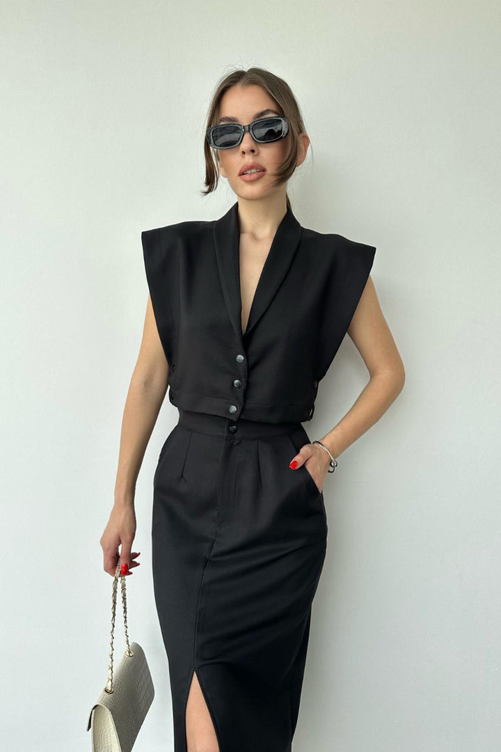 ELS Wholesale Black Vest and Skirt Set with Buttoned Front and Sides - Kyiv