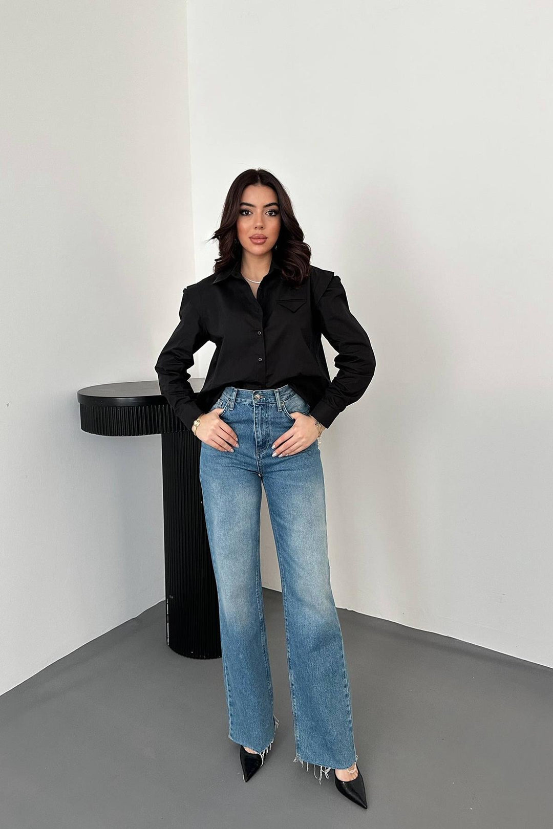 ELS Wholesale Black Bib Pocket Poplin Shirt - Latina