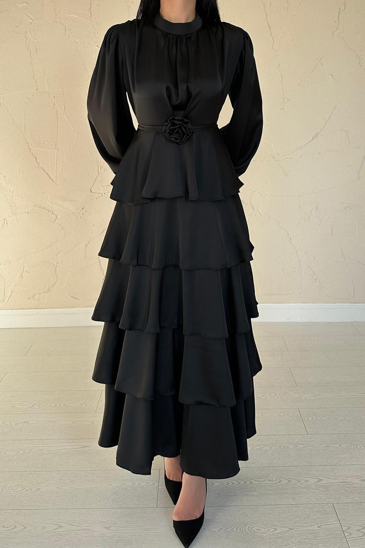 ELS Toptan Siyah Saten Büzgülü Kat Kat Elbise - Amarillo