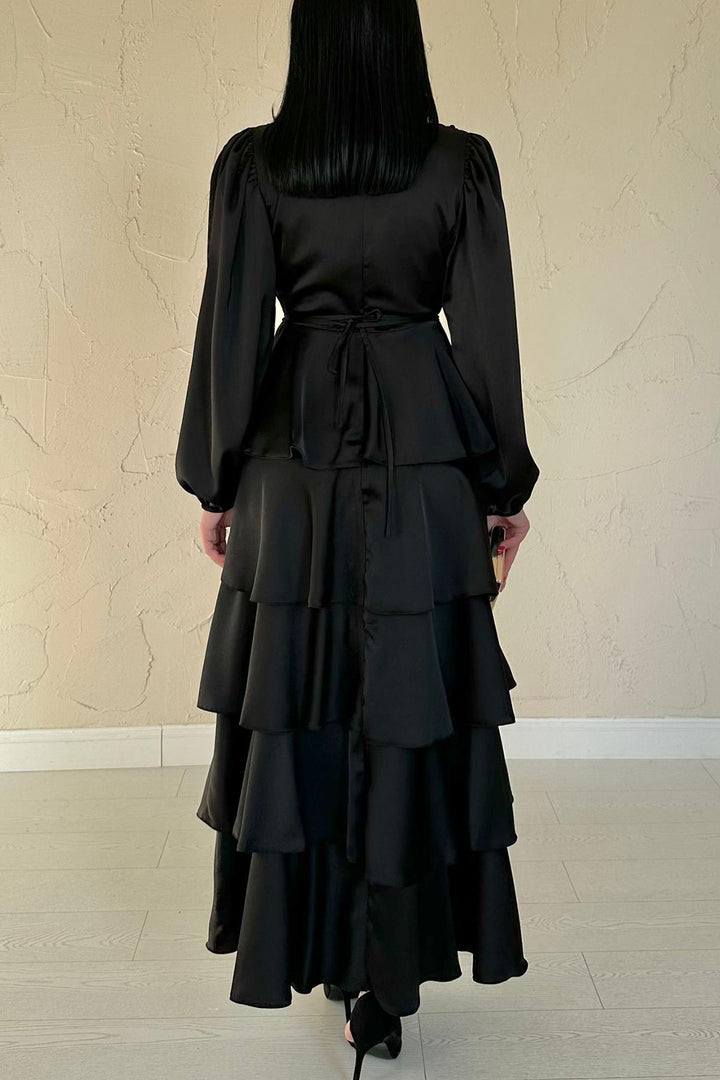 ELS Toptan Siyah Saten Büzgülü Kat Kat Elbise - Amarillo