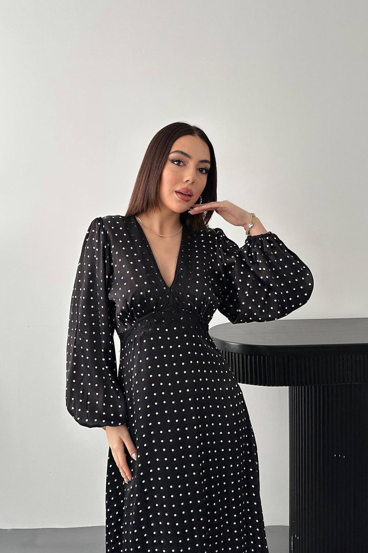 ELS Wholesale Black Satin Polka Dot Lace Detailed Dress - Pine Bluff