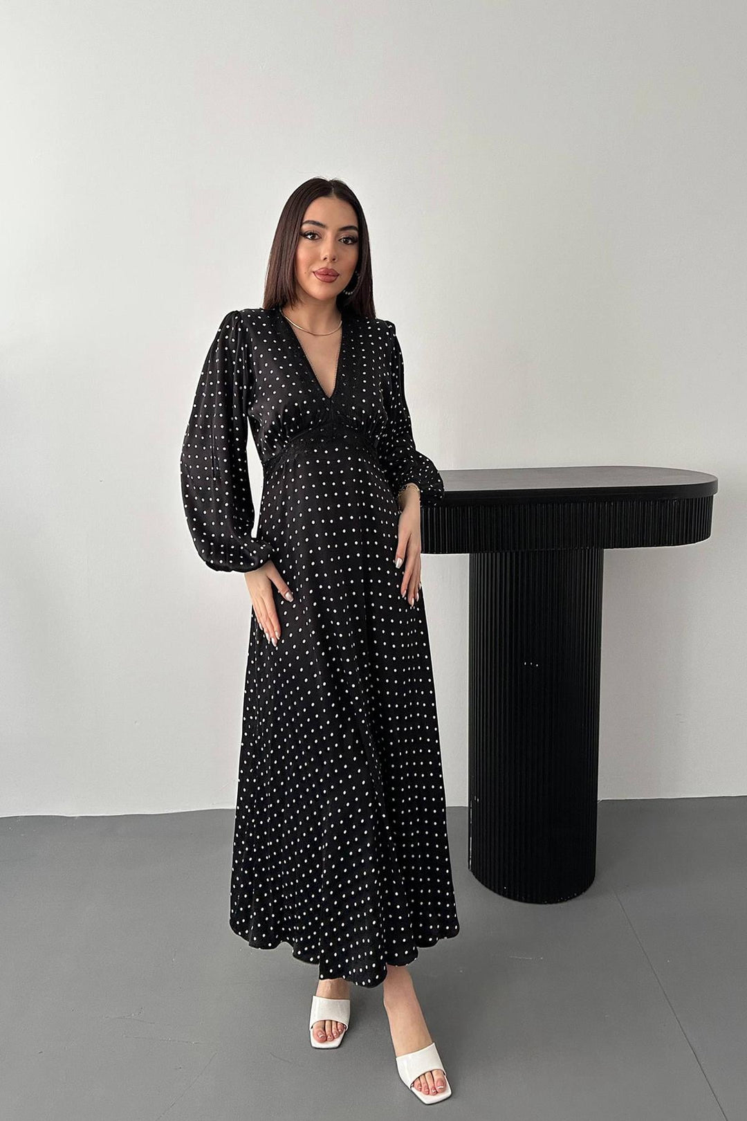 ELS Wholesale Black Satin Polka Dot Lace Detailed Dress - Pine Bluff